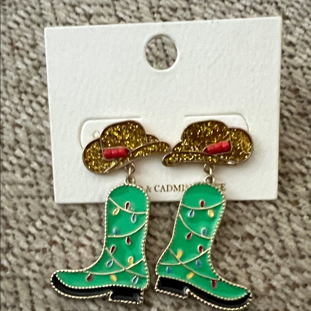 Green Cowboy Boot and Hat Christmas Earrings